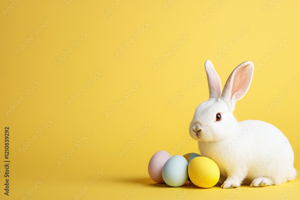 White rabbit is standing in front of a yellow background with a bunch of eggs