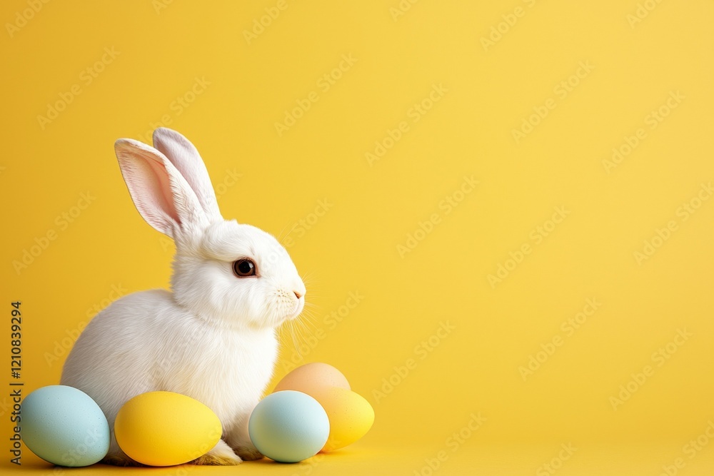 White rabbit is standing in front of a yellow background with a few eggs White rabbit is standing in front of a yellow background with a few eggs