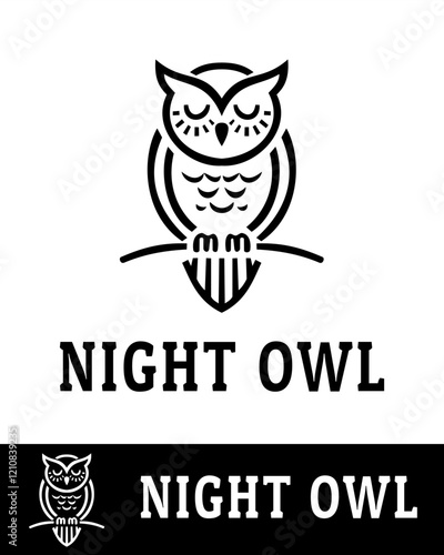 Minimalist night owl logo design featuring a sleek owl illustration with closed eyes in black and white 