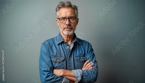 Middle-aged man confidently stands against gray background. Wears casual denim shirt with arms crossed. Expression suggests seriousness, self-assuredness. Indoor studio shot captures mature male