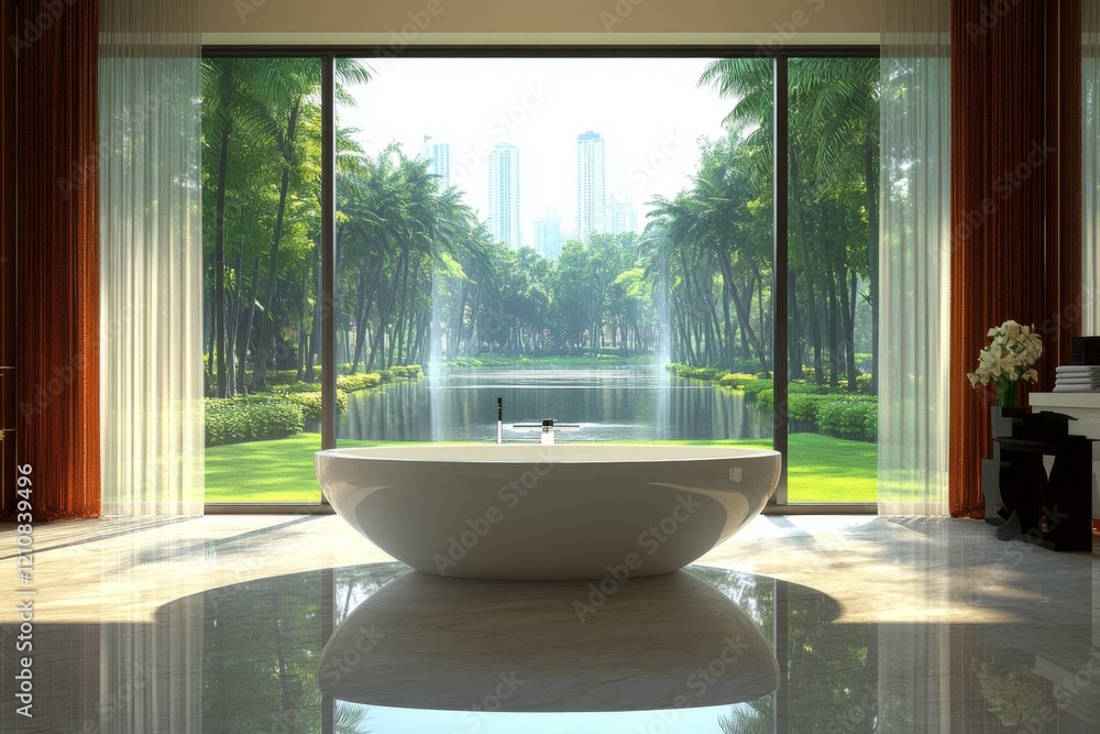Fototapeta premium Elegant bathroom with garden views and distant tall buildings. Generative AI