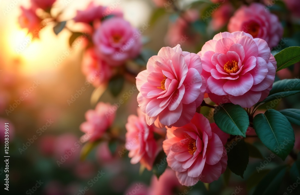 Fototapeta premium Pink camellia flowers bloom beautifully in garden setting at sunset. Spring nature landscape. Soft focus on flowers in soft golden light. Beautiful nature photo. Perfect for spring season nature