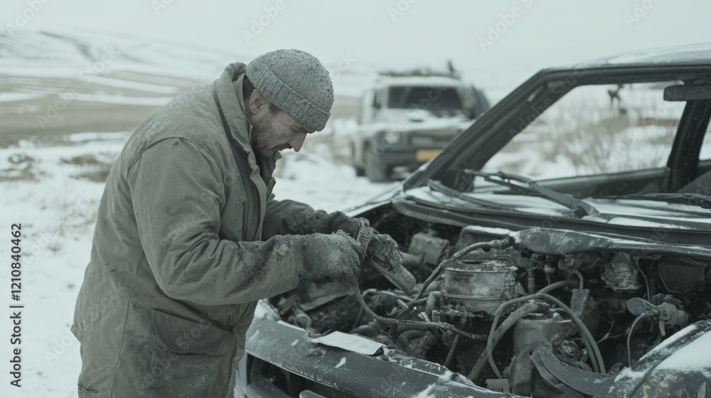 Man repairing broken-down vehicle in snowy landscape. Man repairing broken-down vehicle in snowy landscape.
