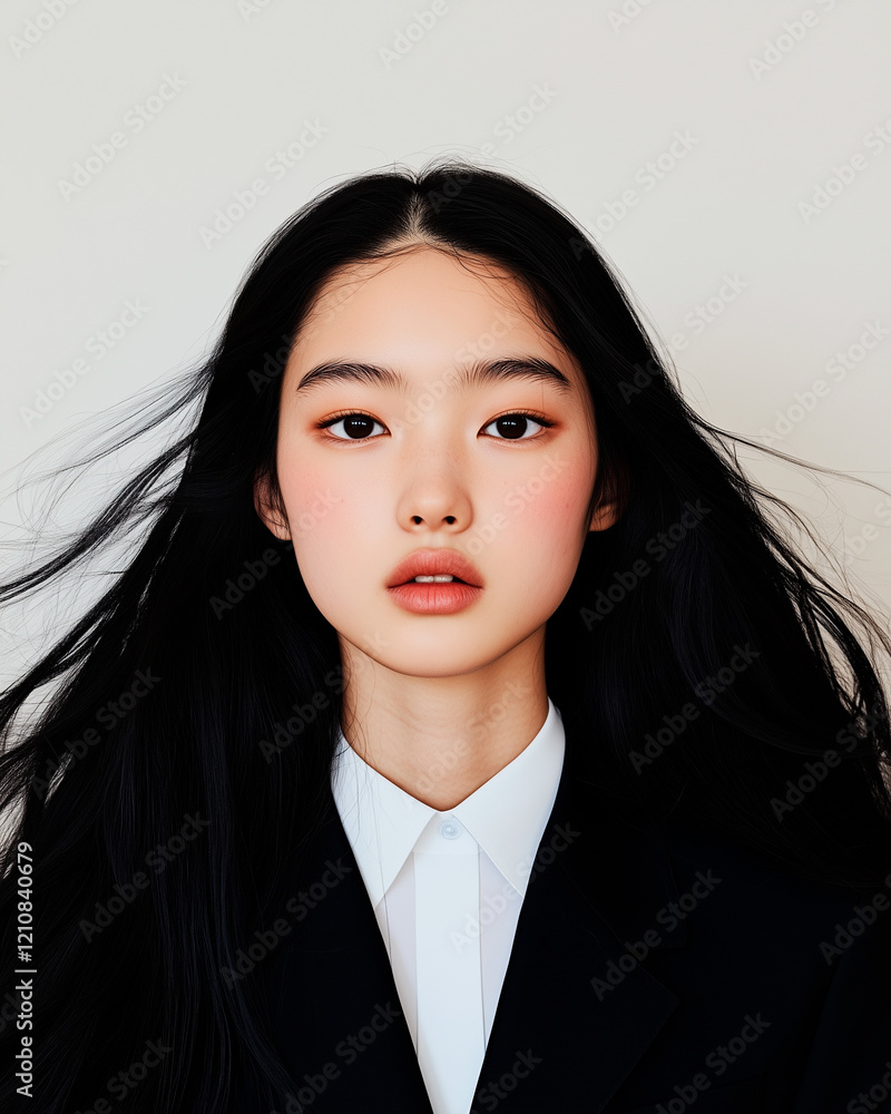 Portrait of Young Woman with Black Hair in Blazer and White Shirt Portrait of Young Woman with Black Hair in Blazer and White Shirt