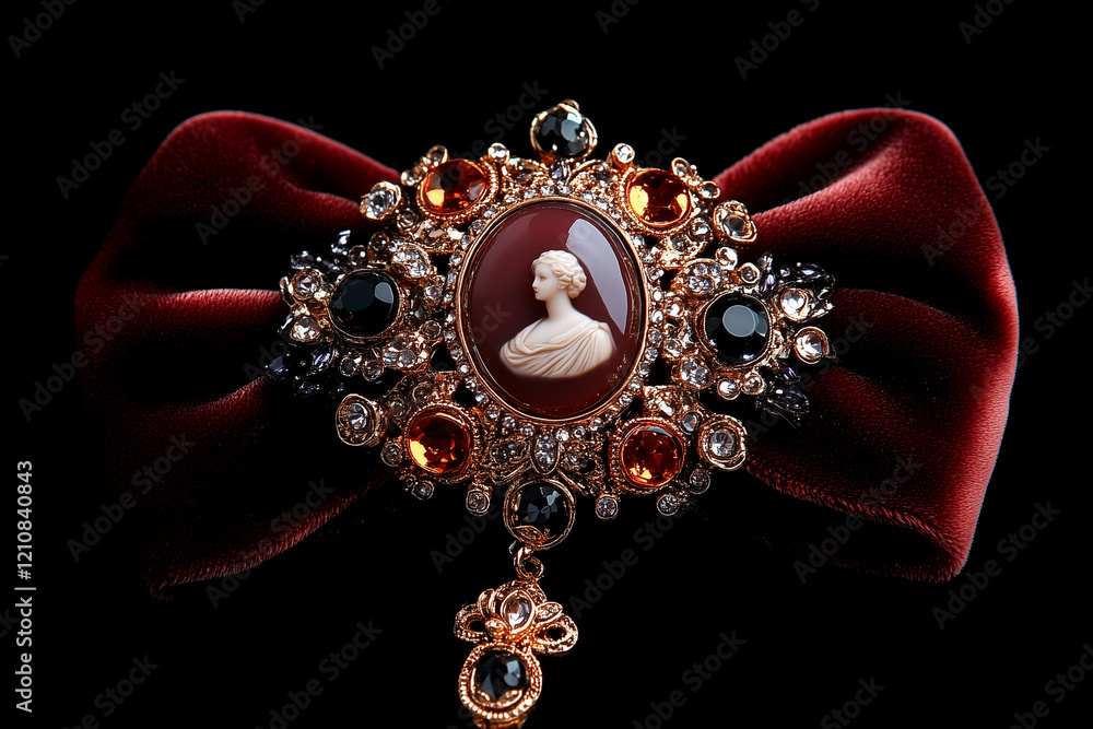 Red Velvet Bow Brooch with Cameo and Gemstones Red Velvet Bow Brooch with Cameo and Gemstones