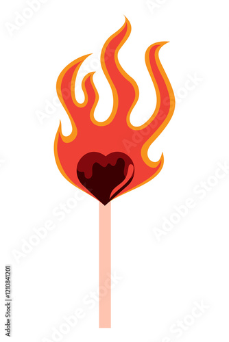 Heart-shaped match on fire with red and orange flames, creative love concept illustration. Minimalist vector design symbolizing passion, burning love, and romance. White background, modern flat style photo