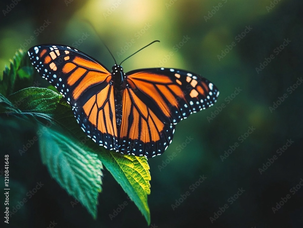 Vibrant monarch butterfly resting on a green leaf in a natural forest setting Vibrant monarch butterfly resting on a green leaf in a natural forest setting