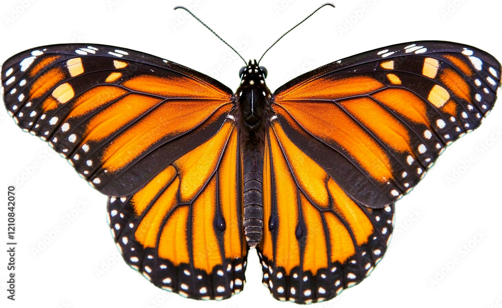 Naklejka premium Close up of a monarch butterfly with vibrant orange and black wings isolated on transparent background
