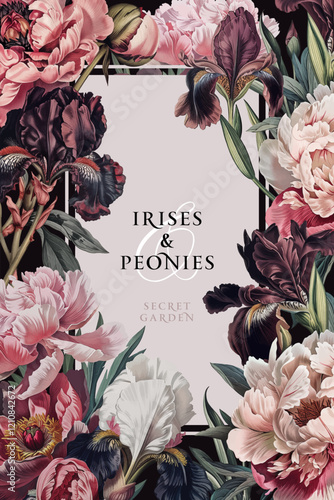 Vintage vector illustration with peony and iris flowers on a changeable background. Floral design template for wedding invitation, greeting card, notebook cover, flyer or banner.
