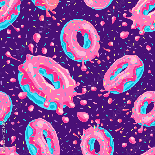 Donuts with pink glaze falling on purple background. Splashes of colored glaze and colored sprinkles. Seamless pattern. Texture for fabric, wrapping, wallpaper