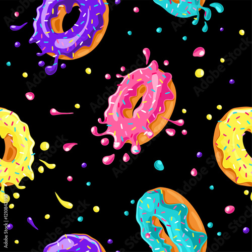 Donuts with pink, chocolate, lemon, blue mint glaze falling on dark background. Splashes of colored donut's glaze and colored sprinkles. Seamless donut's pattern