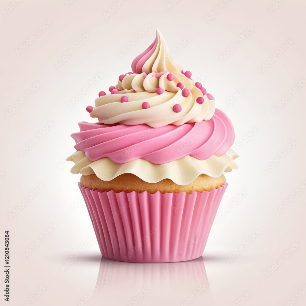 vanilla cupcake in pink patty pan foil, with white and pink icing and decorated with pink sprinkles vanilla cupcake in pink patty pan foil, with white and pink icing and decorated with pink sprinkles