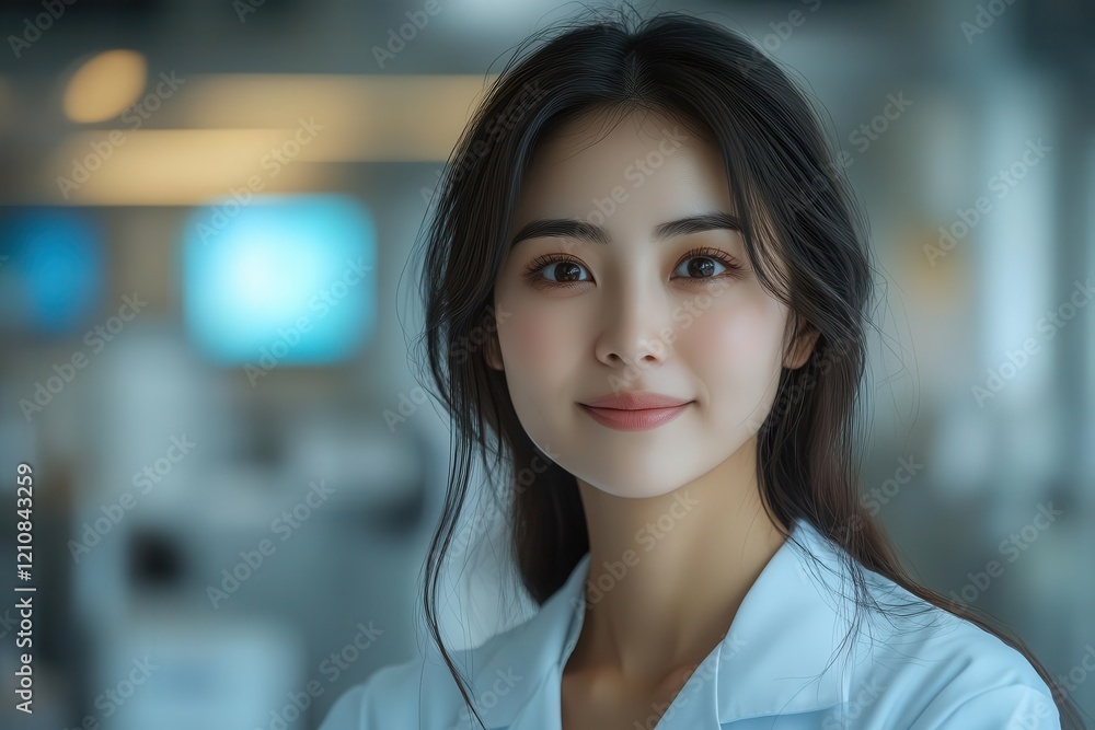 Naklejka premium compassionate asian female doctor in modern medical facility soft natural lighting holographic medical displays clean minimal aesthetic