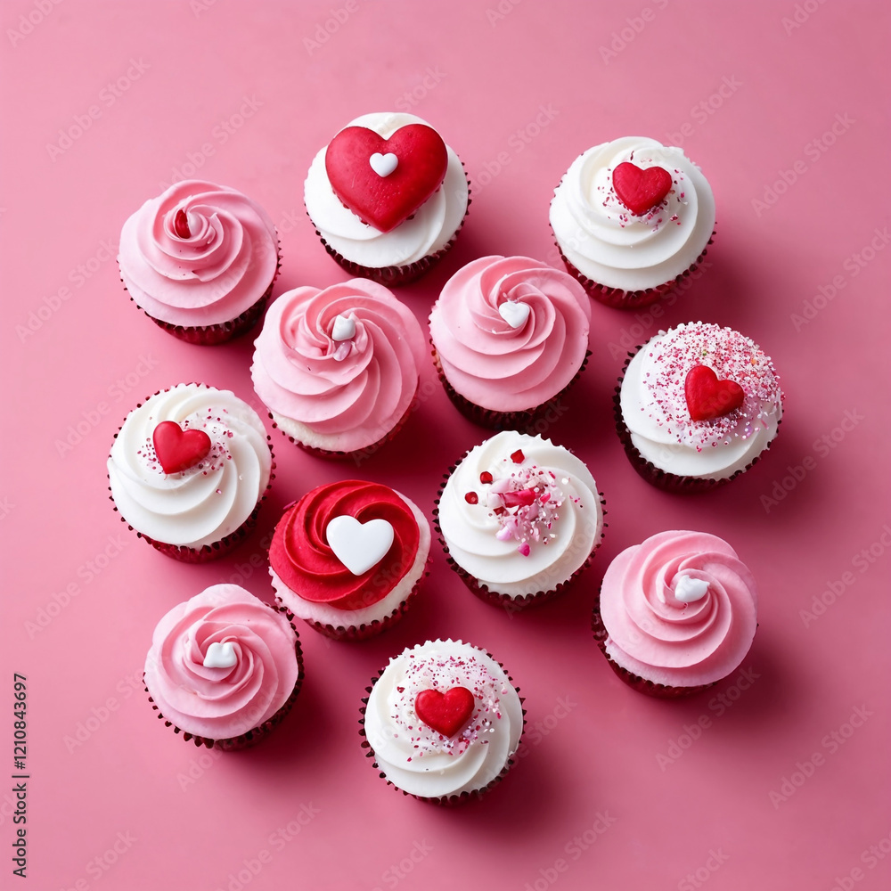 Valentine cupcakes with red, white and pink icing, decorated with hearts and sprinkles Valentine cupcakes with red, white and pink icing, decorated with hearts and sprinkles
