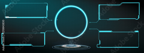 Futuristic digital interface elements glowing with blue neon light and circular center display offering high-tech design options.