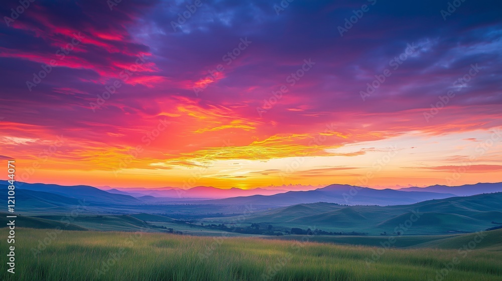Obraz premium Beautiful sunset over mountains and hills of pastures and farms in Kisoro, Uganda, with a colorful sky and incredible landscape