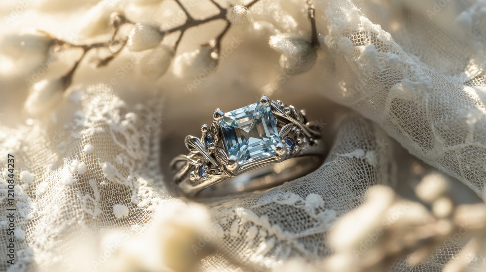Fototapeta premium A handmade platinum ring featuring a square-cut aquamarine centerpiece, framed by detailed olive branch engravings, paired with a cluster of tiny sapphire accents. The ring is placed on a vintage lace
