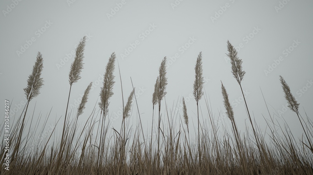Obraz premium Reeds swaying in foggy field, nature background