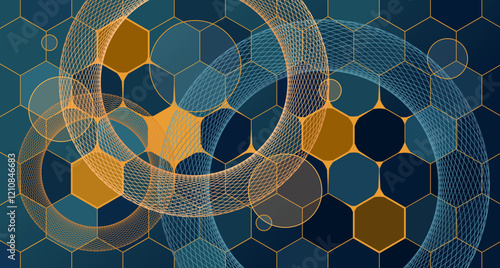 Abstract fractal circles geometric honeycomb hexagonal wall pattern tiles, elegant dark shades of blue background with golden stroke, outline, connected molecular structure in biotechnology