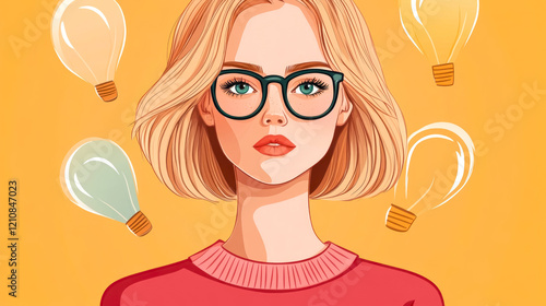 Creative birthday card featuring an adult woman with light hair and glasses, illuminated by glowing lightbulbs, radiating inspiration and joy