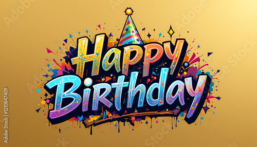 Happy birthday Colorful graffiti style texting with celebration cap on Golden background