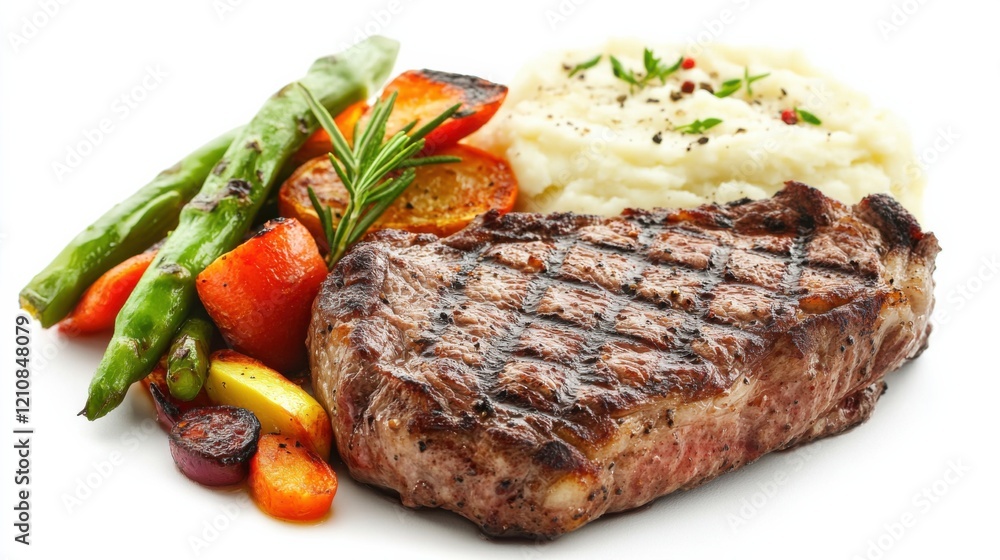 A juicy beef steak with grill marks, cooked to perfection, served with roasted vegetables and a side of creamy mashed potatoes A juicy beef steak with grill marks, cooked to perfection, served with roasted vegetables and a side of creamy mashed potatoes