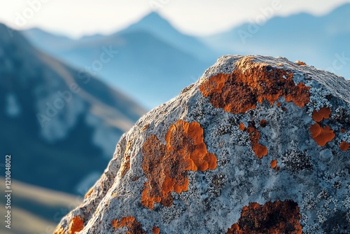 A close-up of a rock surface adorned with vibrant orange lichen against a blurred mountain backdrop. photo