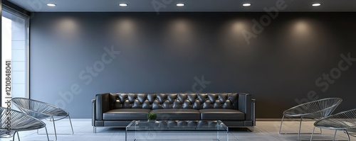 A photorealistic rendering of a sophisticated living room with slate gray walls and a charcoal leather sofa set