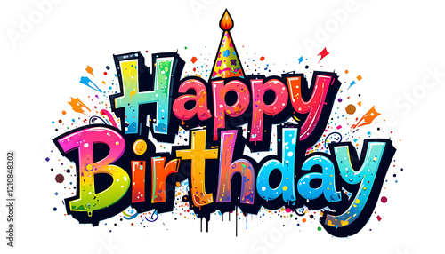 Happy birthday Colorful graffiti style texting with celebration cap on white background