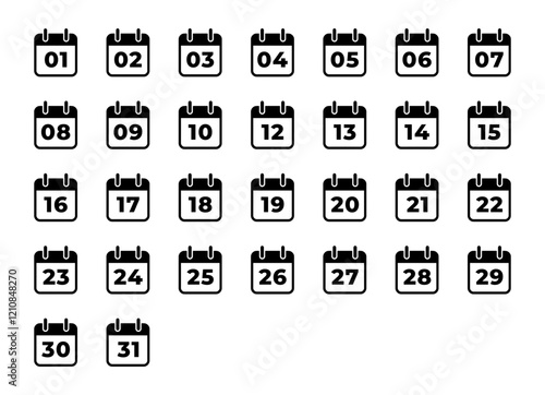 Comprehensive black calendar day number icon set from 1-31 in minimal style on white background for digital planning interfaces
