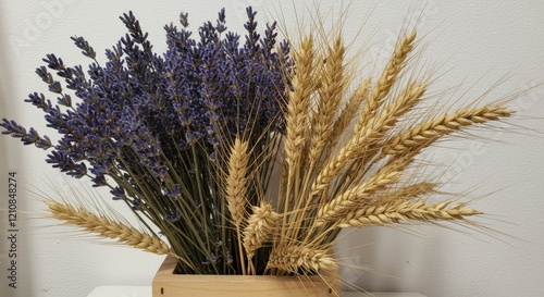 Lavender bouquet with dried wheat in earthy tones, a perfect rustic home accessory.
 photo