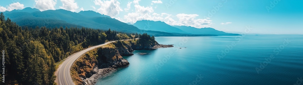 Sea to Sky Highway on Pacific Ocean West Coast. Aerial Panorama. Sea to Sky Highway on Pacific Ocean West Coast. Aerial Panorama.