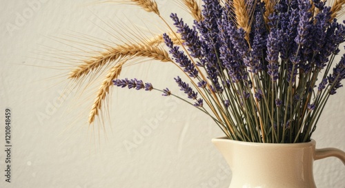 Delicate lavender and wheat arrangement, perfect for a rustic touch in interior design.
 photo