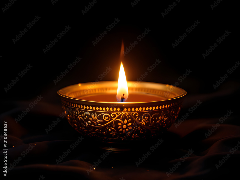 Atmospheric Single Flame in Bronze Ornate Bowl Against Dark Background for Spiritual Moments Atmospheric Single Flame in Bronze Ornate Bowl Against Dark Background for Spiritual Moments