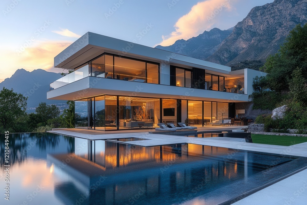 Fototapeta premium contemporary hillside villa with infinity pool overlooking mountain range clean lines and glass walls reflecting sunset dramatic architectural composition
