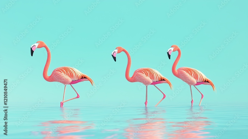 Obraz premium Wild african birds. Group birds of pink african flamingos walking around the blue lagoon on a sunny day