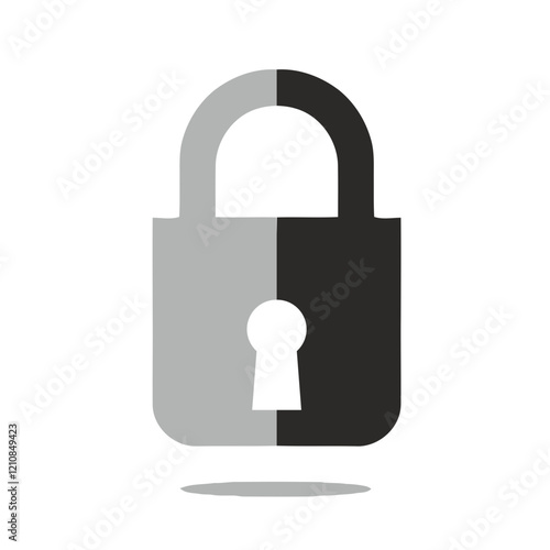 Split-tone padlock icon with shadow effect in grayscale for modern security interfaces
