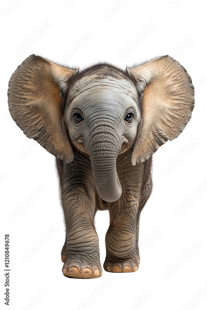 Fototapeta premium Baby elephant with oversized ears and playful expression standing in cute pose isolated on transparent background
