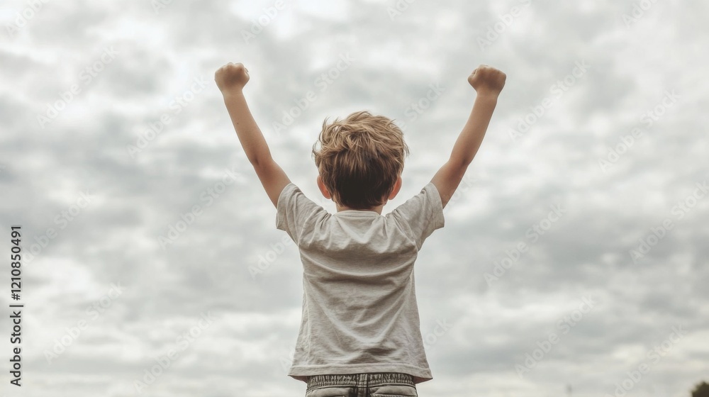 Boy with arms raised high against cloudy sky. Boy with arms raised high against cloudy sky.