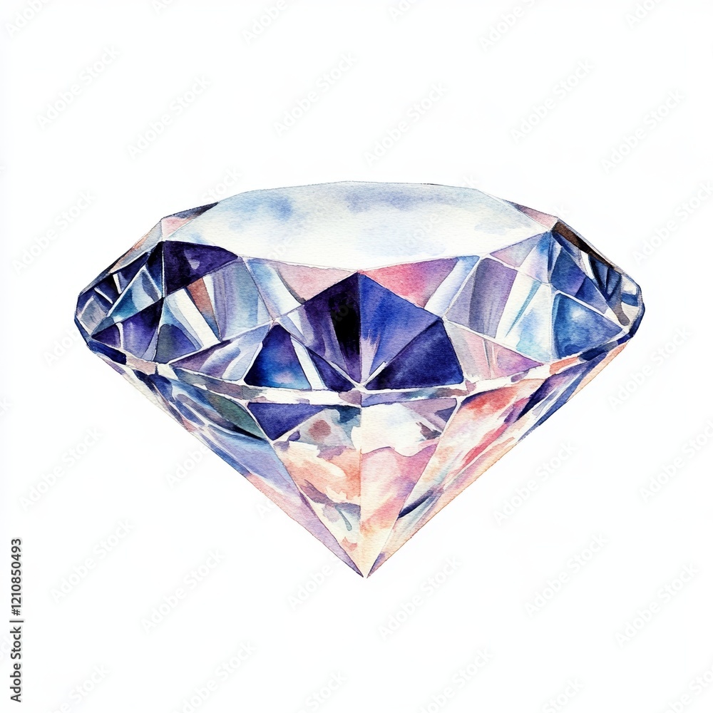 Vibrant watercolor of a diamond showcases its detailed facets and colors, emphasizing the shimmering qualities against a white backdrop Vibrant watercolor of a diamond showcases its detailed facets and colors, emphasizing the shimmering qualities against a white backdrop