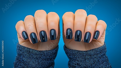 Close-up of manicured hands with navy blue nails and gold accents against a blue background photo