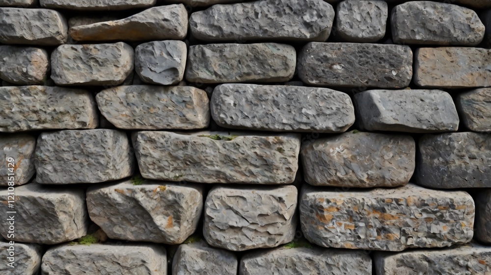 Obraz premium Old grey long stone wall close up. Background texture for backdrops or mapping