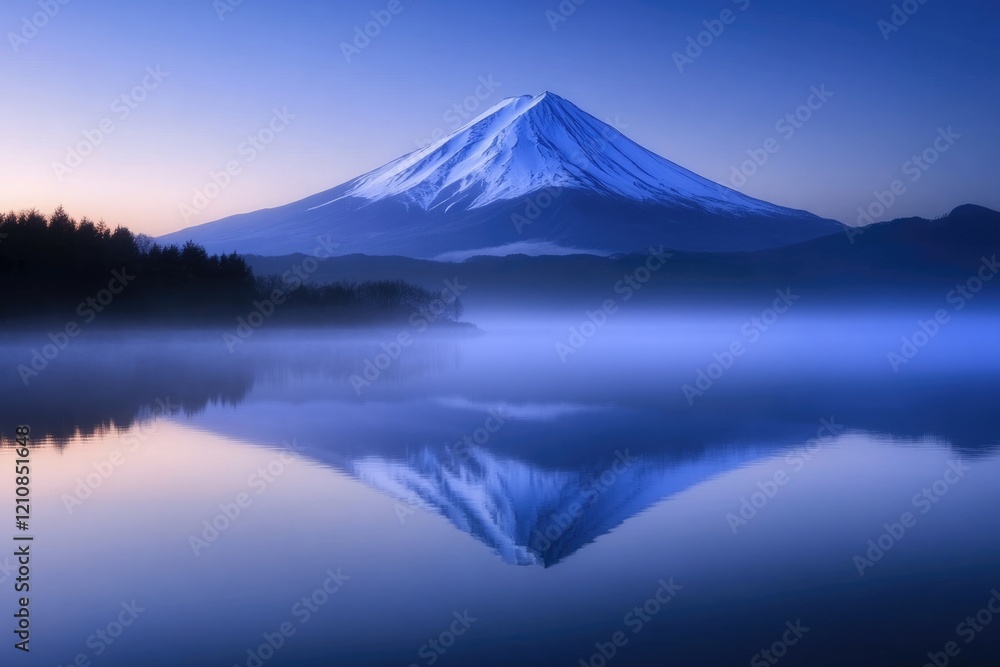 Serene sunrise view of Mount Fuji's majestic peak reflected in a calm lake shrouded in mist. Serene sunrise view of Mount Fuji's majestic peak reflected in a calm lake shrouded in mist.