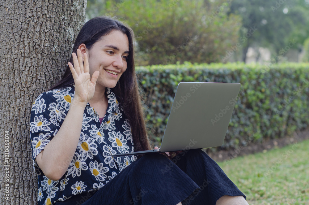 Cheerful Latina woman waving during a video call on her laptop outdoors
Smiling Hispanic woman sitting under a tree, waving at her laptop while making a video call in the park. Cheerful Latina woman waving during a video call on her laptop outdoors
Smiling Hispanic woman sitting under a tree, waving at her laptop while making a video call in the park.