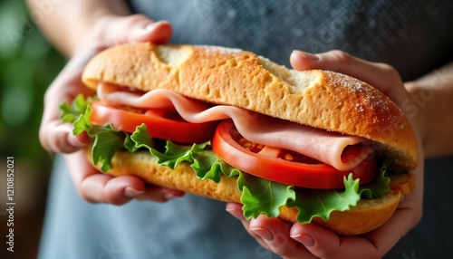 Person holds delicious crispy baguette sandwich. Sandwich filled with ham tomato, fresh greens. Savory, healthy lunch option. Freshly baked bread, tasty ingredients. Perfect for quick, satisfying photo