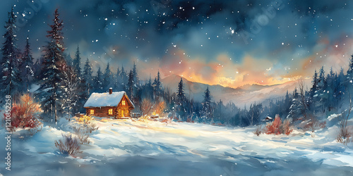 A painting of a snowy landscape with a cabin in the distance. The cabin is surrounded by trees and the sky is filled with stars. The mood of the painting is peaceful and serene
