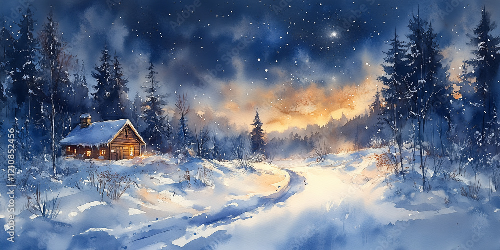 A painting of a snowy landscape with a cabin in the distance. The cabin is surrounded by trees and the sky is filled with stars. The mood of the painting is peaceful and serene A painting of a snowy landscape with a cabin in the distance. The cabin is surrounded by trees and the sky is filled with stars. The mood of the painting is peaceful and serene