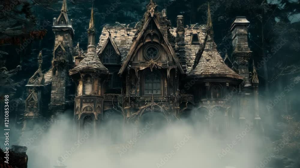 Mysterious gothic mansion emerging from misty forest Mysterious gothic mansion emerging from misty forest