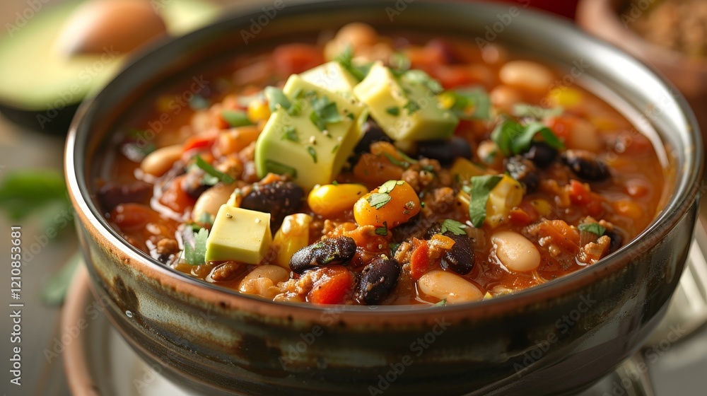 Savor the Delicious and Hearty Bean and Vegetable Chili, beautifully adorned with Fresh Avocado Garnish on top Savor the Delicious and Hearty Bean and Vegetable Chili, beautifully adorned with Fresh Avocado Garnish on top