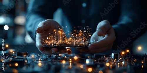 Hands holding smartphone with glowing digital circuits representing innovation in technology and data